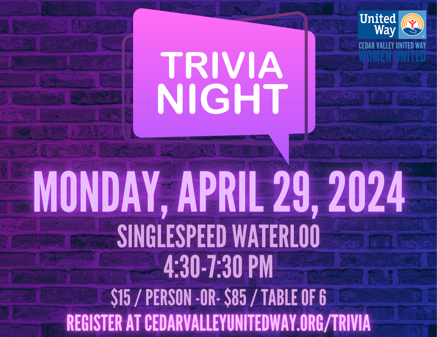 Women United Trivia Night Graphic - Brick Background with Date, Time and Location