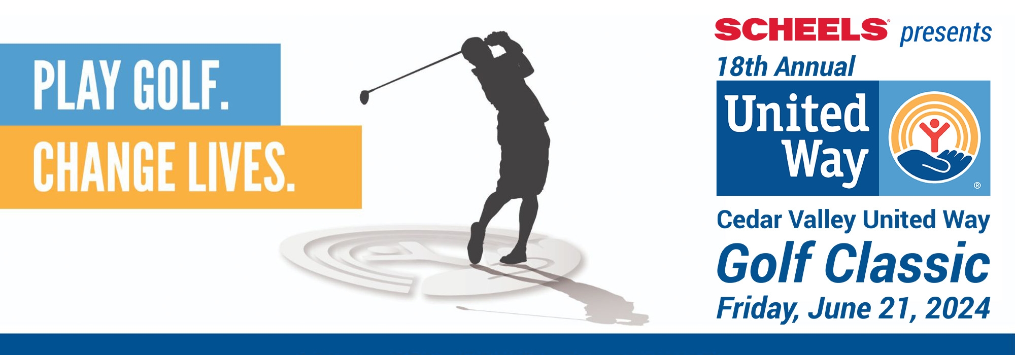 Golfer Silhouette with United Way and Scheels Logos Above Golf Classic Friday, June 21, 2024 